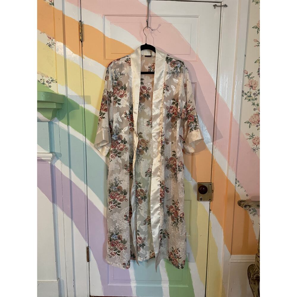 Vintage Kathryn Sheer Floral Lace Kimono Robe  Duster Cover Up Satin Size Small